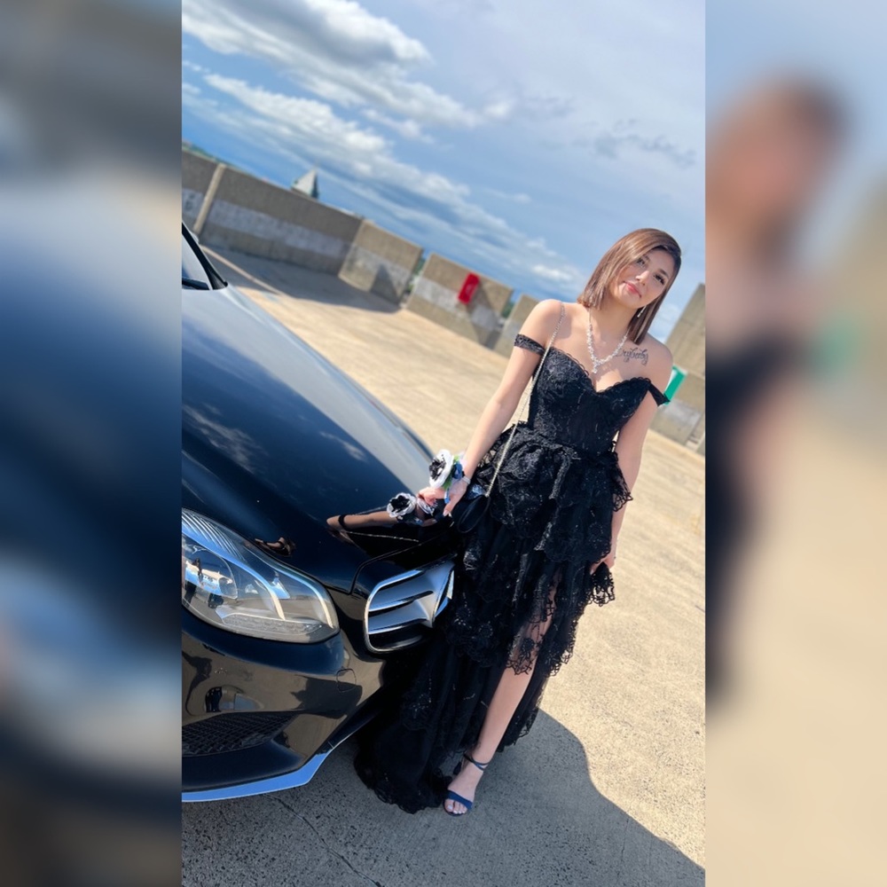 Black off the shoulder tiered prom dress